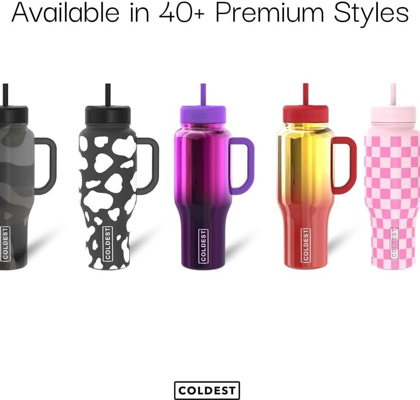 Coldest 40 oz Tumbler with Handle and Straw, 100% Leak Proof Insulated Tumbler with Lid and Straw (3 Lids), Stainless Steel Tumblers for Women & Men, Cup Holder Friendly, 46 oz (Black Checkers)