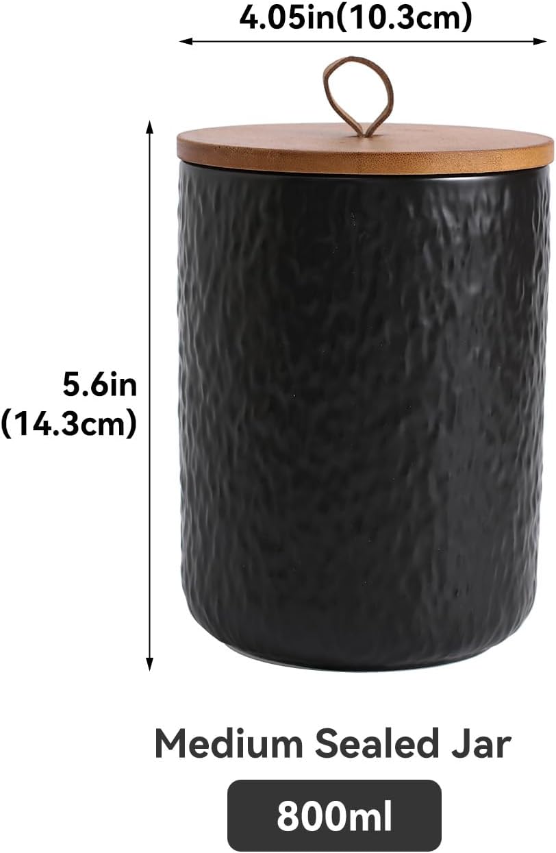 Black White Ceramic Coffee Canister Tea Canister with Seal Wood Lid, Airtight Coffee Storage Container for Coffee Bean, Ground Coffee, Sugar, Cookie Candy jar (Black, 800ml)