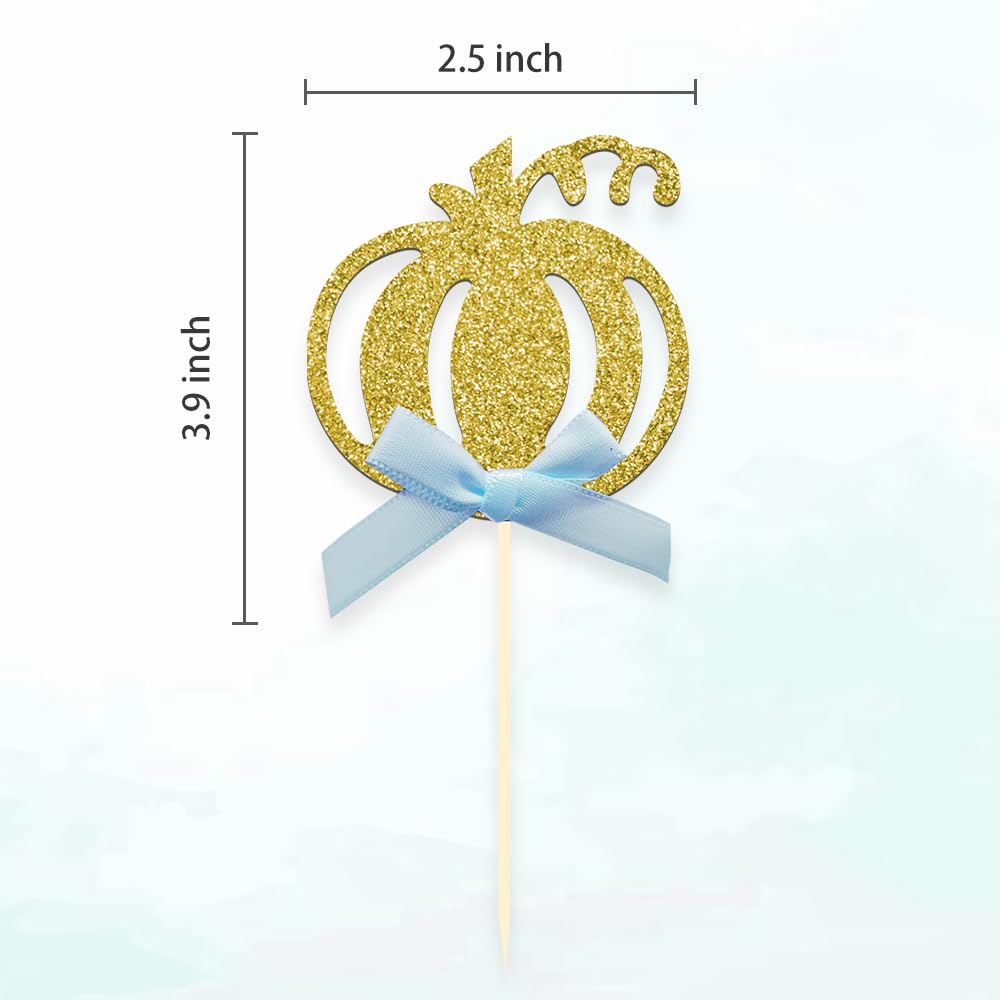 24pcs Pumpkin Cupcake Toppers, Fall Theme Cake Decoration for Baby Shower Party Supplies (Blue Bow)