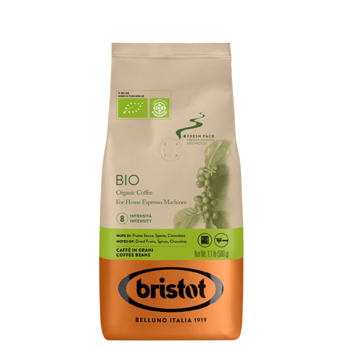 Bristot Bio Organic Italian Espresso Beans | Italian Whole Beans | Medium Roast | 1.1lb/500g