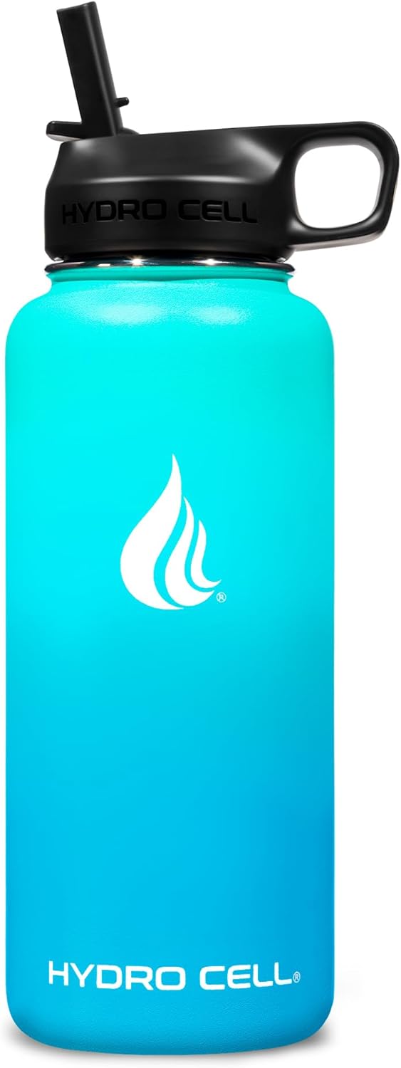 HYDRO CELL Stainless Steel Insulated Water Bottle with Straw - For Cold & Hot Drinks - Metal Vacuum Flask with Screw Cap and Modern Leakproof Sport Thermos for Adults (Teal/Blue 32oz)