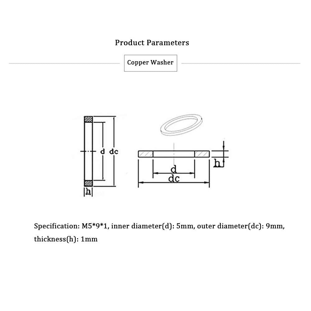M5 Flat Washer Copper Sealing Ring, 5mm ID 9mm OD 1mm Thickness Metric Sealing Gasket, 100 Pieces