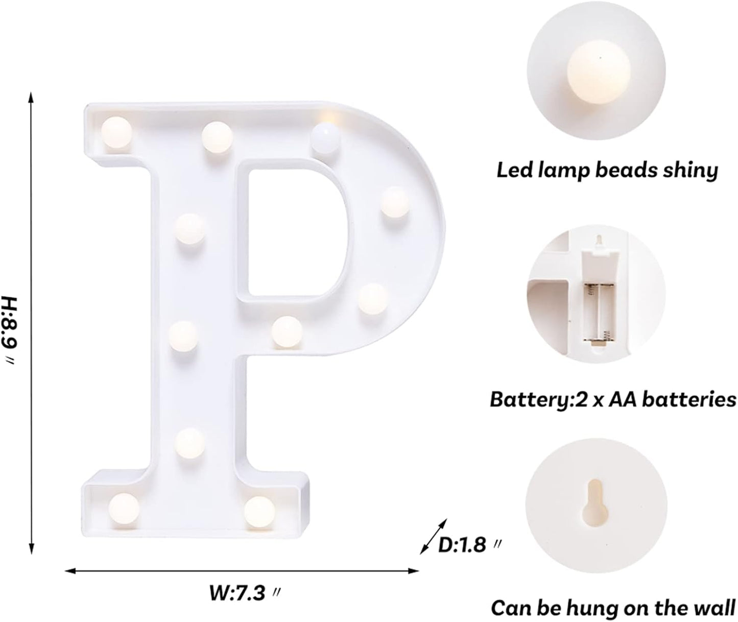 Foaky LED Letter Lights Sign Marquee Light Up Letters Sign for Night Light Wedding/Birthday Party Battery Powered Christmas Lamp Home Bar Decoration(P)