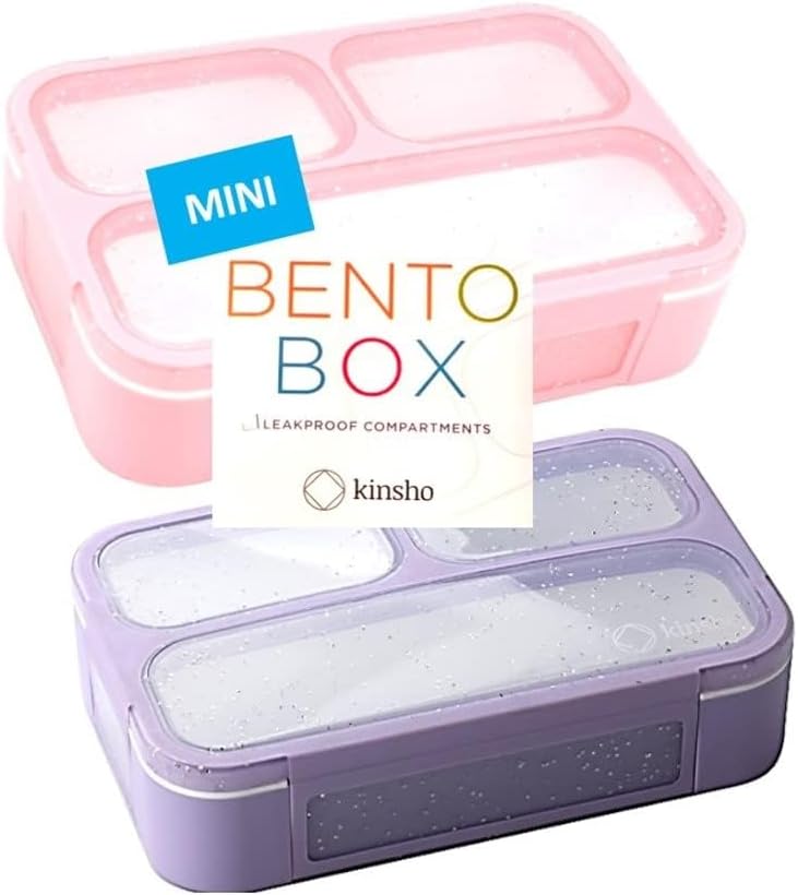 Kids Glitter Snack Container - Mini Bento Lunch-Box, Small Leakproof Container Boxes for Toddlers Girls Snacks Lunches, 3 Compartment - School Daycare Portion Containers, Pink Purple Sparkle Set of 2
