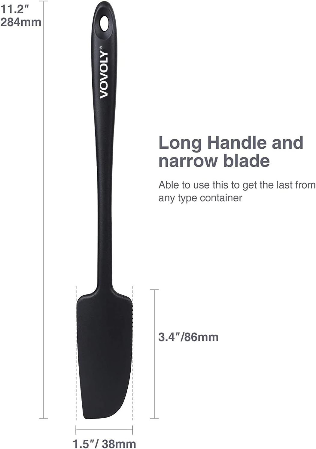 2-Pack Vovoly Silicone Jar Spatulas, Small Seamless Design Rubber Scraper with Stainless Steel Core, Heat Resistant and Non-Stick Mini Spatula for Jars and Blenders, BPA Free,11 IN, Black