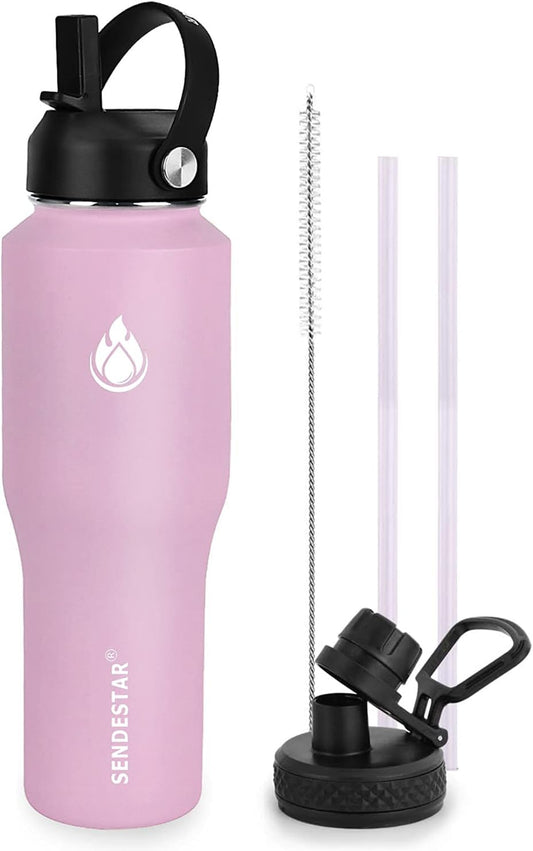 SENDESTAR Water Bottle 32oz,2 Lids(Straw lid),Wide Mouth Stainless Steel Vacuum Insulated Double Wall Keep Liquids Cold or Hot All Day,Sweat Proof Sport Design,Fit Car Cup Holder(Peach)