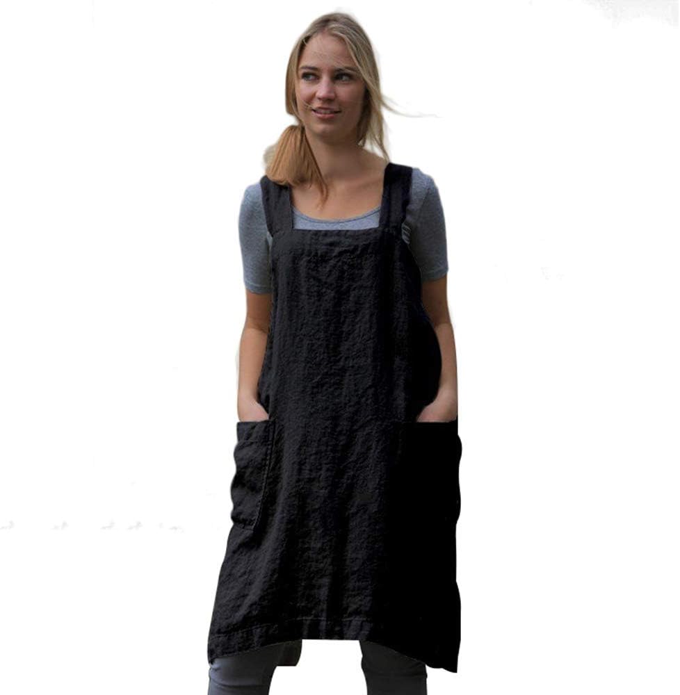 Women's Pinafore Square Apron Baking Cooking Gardening Works Cross Back Cotton/Linen Blend Dress with 2 Pockets