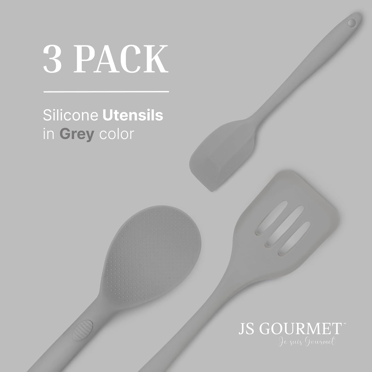 Silicone Utensils 3-Piece Set – Rubber Spatula, Slotted Turner, and Rice Paddle – Complete Heat-Resistant Set for Non-Stick Cookware – Kitchen Tools and Accessories for Cooking & Baking – Grey