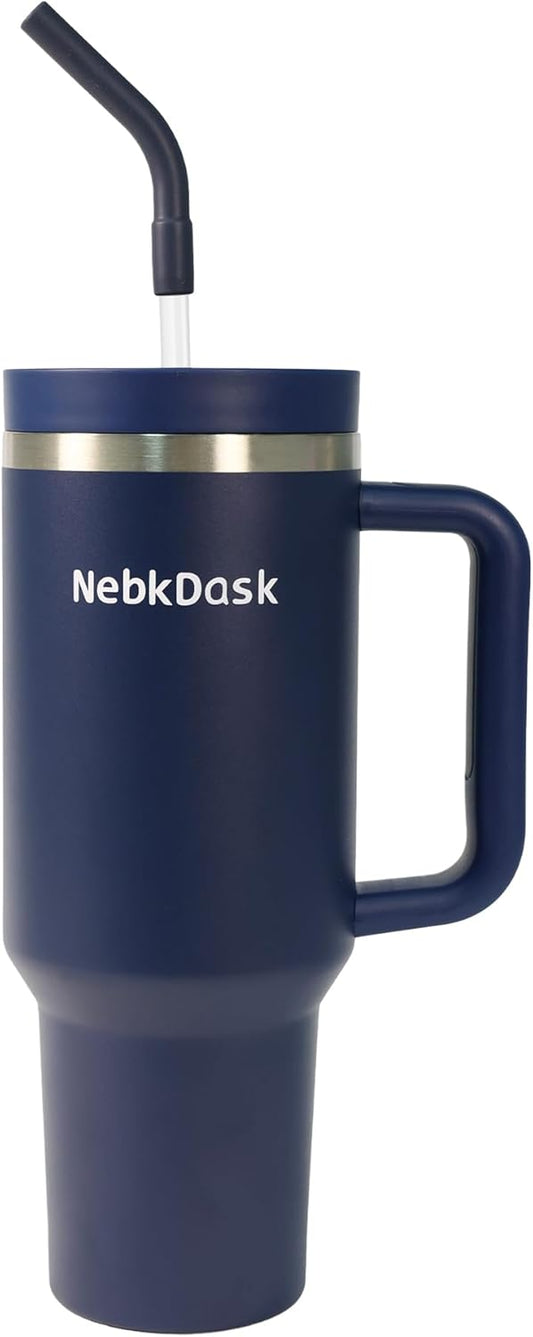 40 oz Water Bottle with Handle & Straw – Insulated Stainless Steel Bottle, Leakproof, Fits in Cup Holder – Reusable Cold Drink Thermos for Women & Men (Blue)