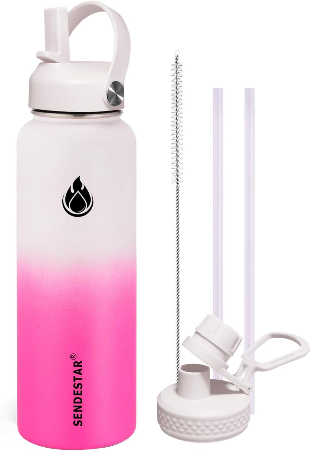 SENDESTAR Stainless Steel Wide Mouth Water Bottle 40oz Double Wall Vacuum Insulated Leak Proof Bottle with New Flex Straw Lid & Spout Lid XIN-WP-40OZ-1