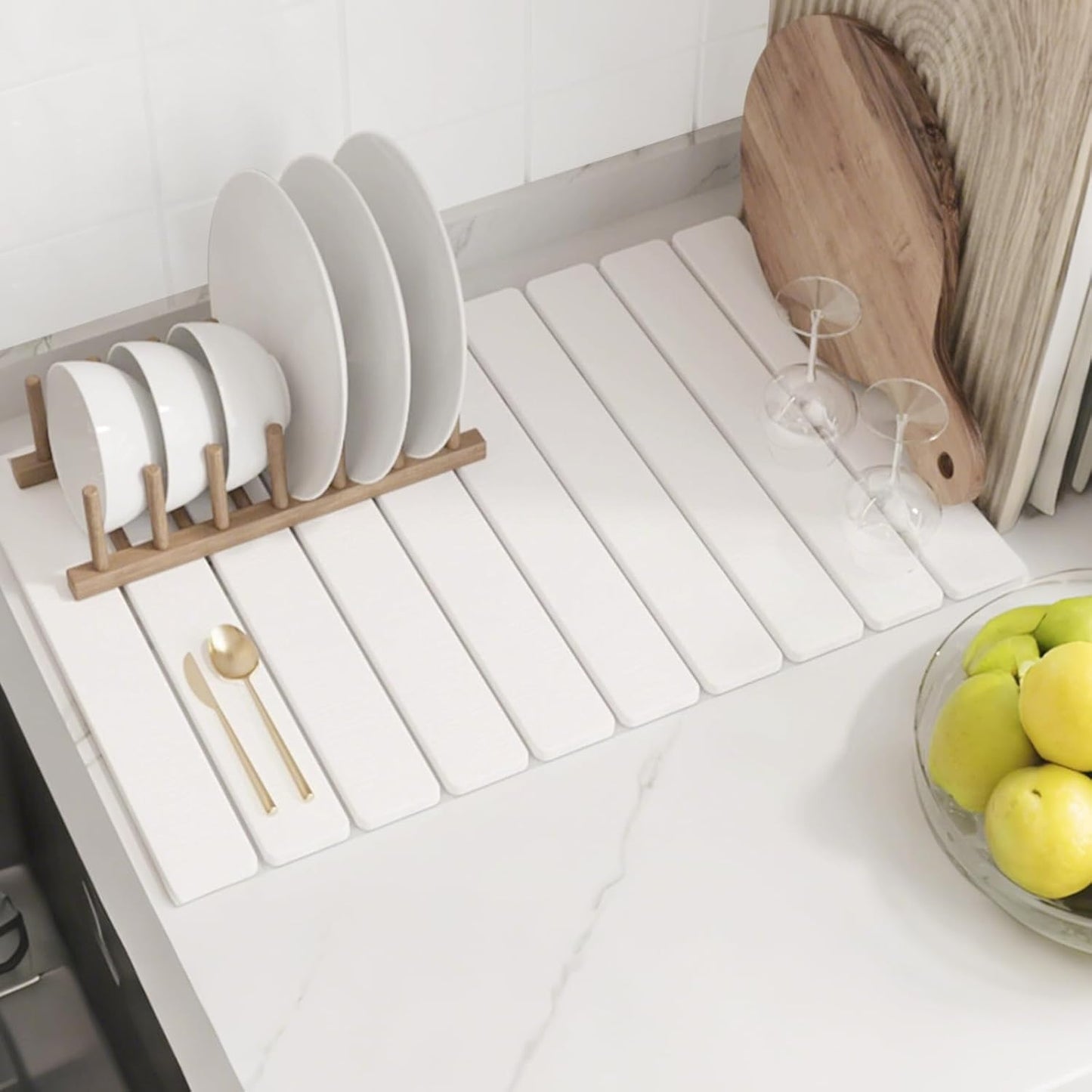 Stone Drying Mat for Kitchen Counter, Roll-Up Stone Dish Drying Mat, Large Fast Drying Kitchen Mat, Diatomaceous Earth Dish Mat Drying Kitchen Mat (White)