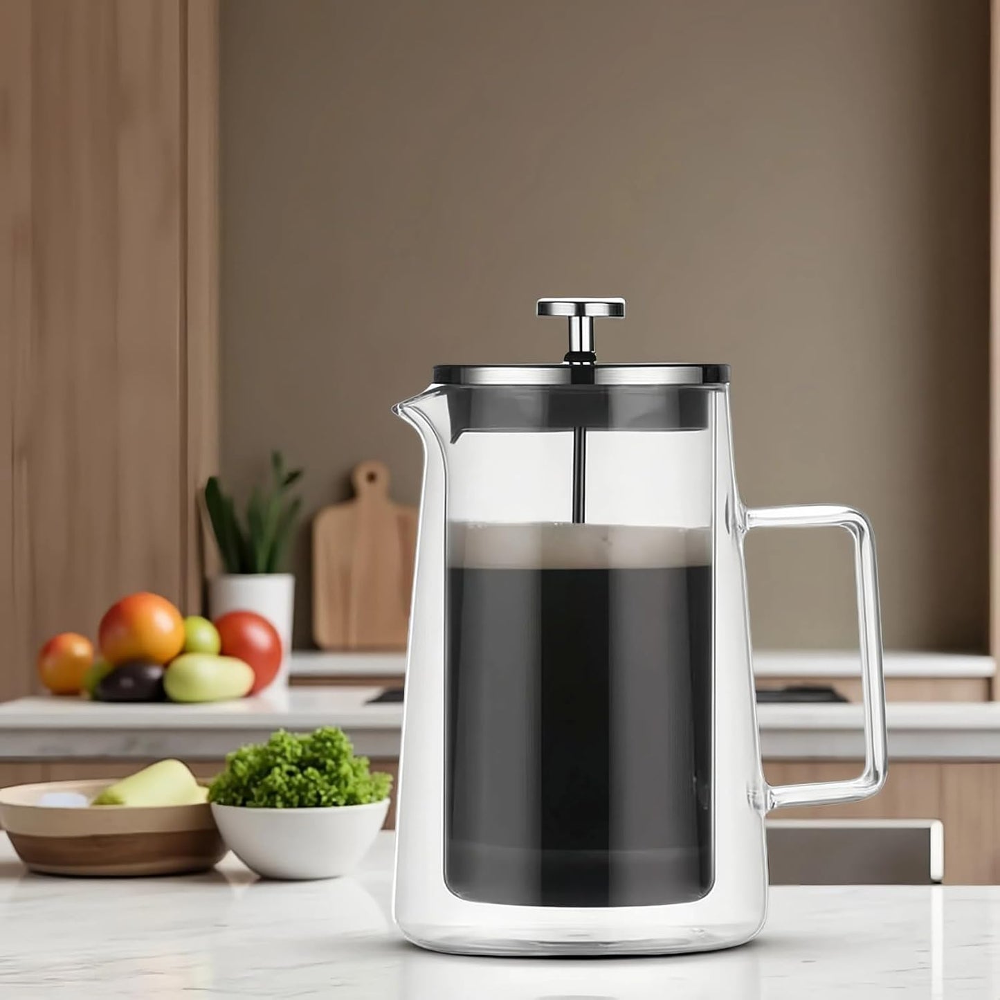 French Press Coffee Maker 34Oz (1 Liter), DoubleWall Insulated Borosilicate Glass, Heat-Resistant Design, Stainless Steel Filter for Coffee, Tea & Cold Brew