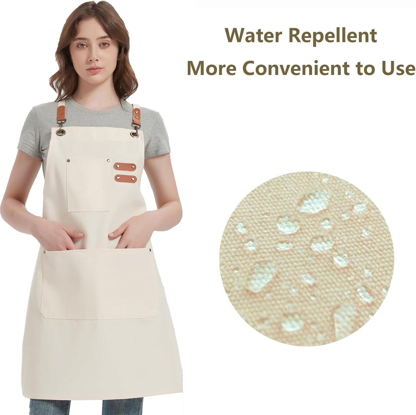 AFUN Chef Aprons for Women Men with Large Pockets, Cotton Canvas Cross Back Water Repellent Work Apron, Size M to XXL (Cream)