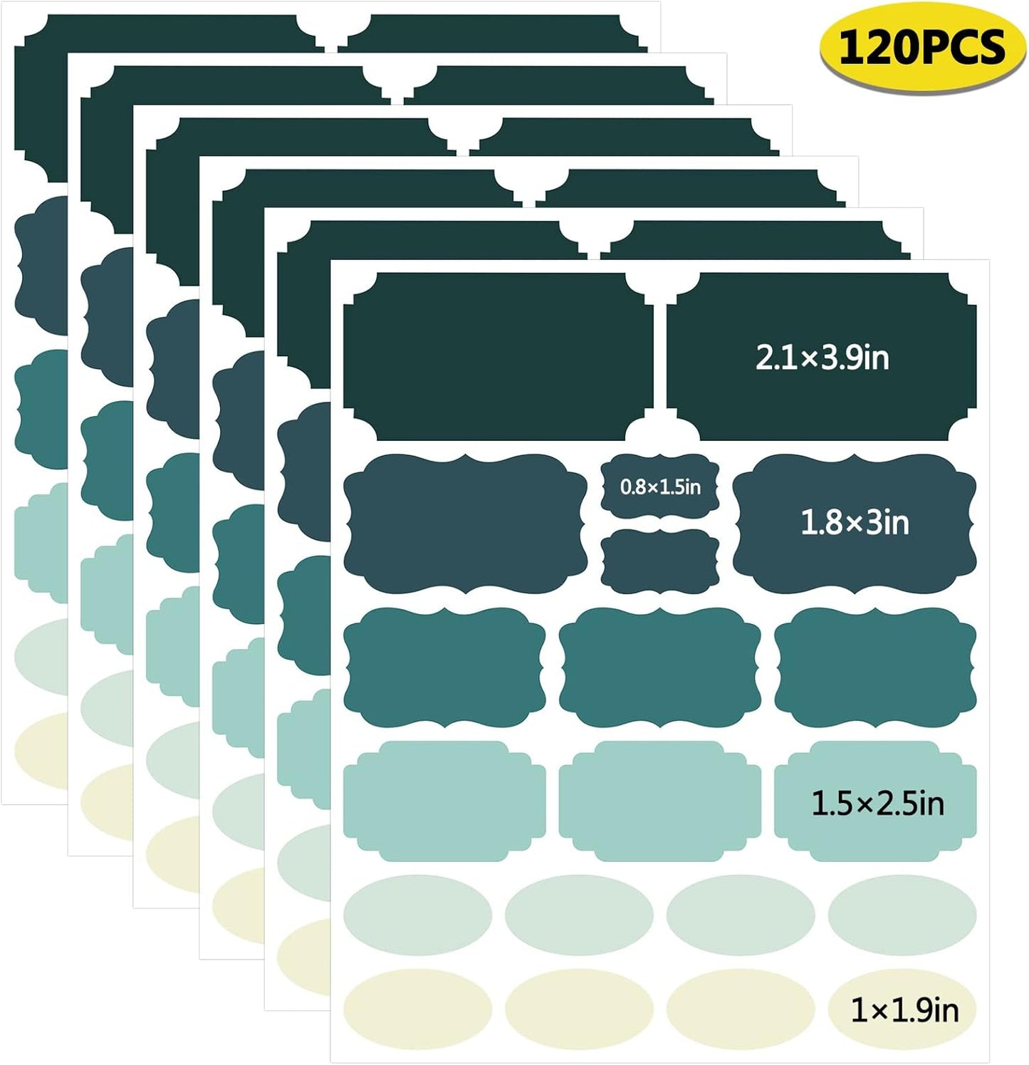 Labels for Food Containers 120Pcs Removable Waterproof Write-on Kitchen Label Stickers for Jars Bottles Bins and Home Storage Organization with 2 Markers, Colored Chalkboard Pantry Labels in 5 Sizes