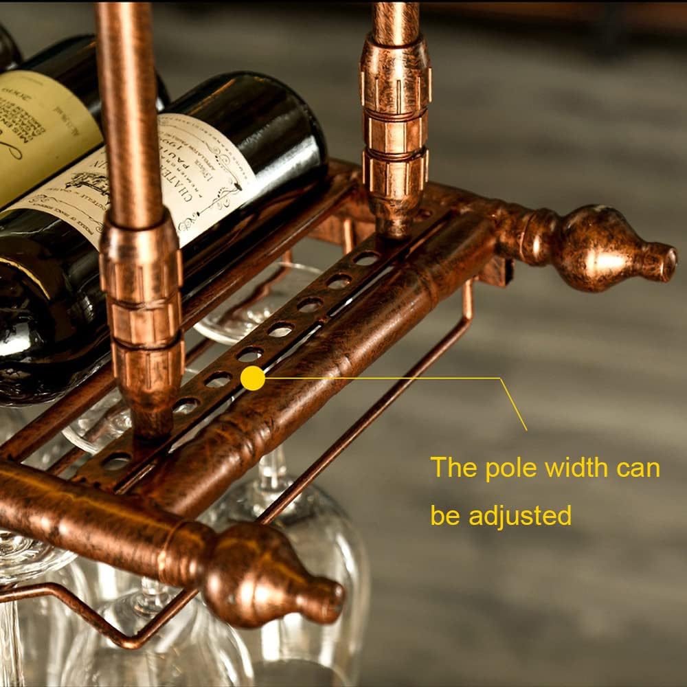 Rustic Wine Rack Wall Mounted with Glass Holder, Adjustable Hanging Bar Wine Glass Rack Ceiling, 47.2in Bottle Holder Wine Shelf Shelves, Perfect for Bar Kitche