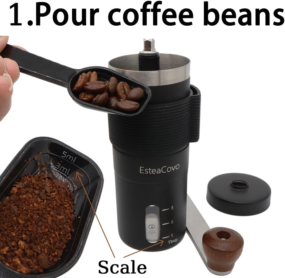 Manual Coffee Grinder for Home Use, Ceramic Burr Hand Crank Automatic Coarseness Stainless Steel Espresso Bean Mill for Travel Camping with Portable Storage Pouch, Easy to Clean Brush Spoon