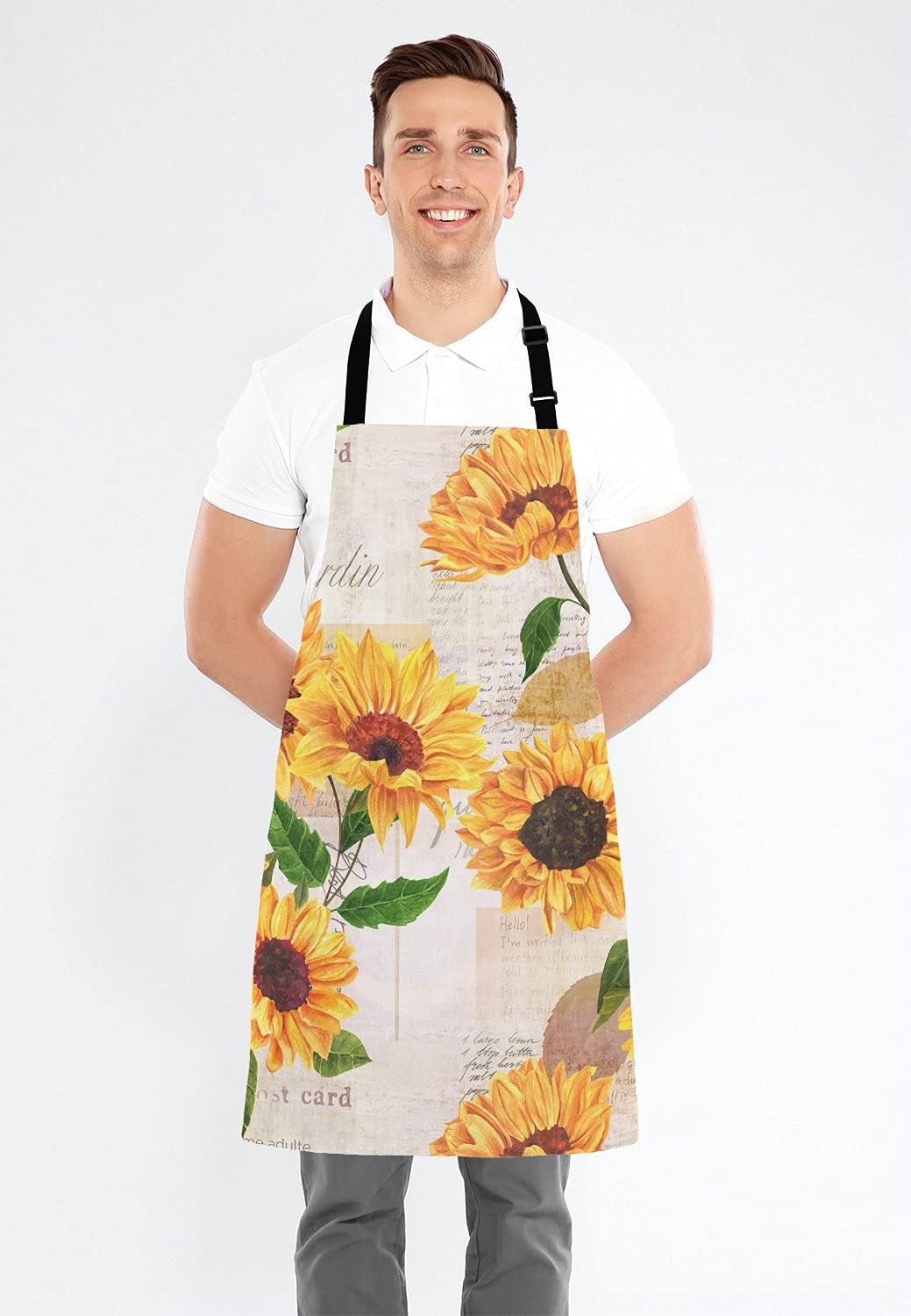 Watercolor Sunflowers Adjustable Bib Apron,Vintage Style Floral Print Cooking Kitchen Apron for Men Women