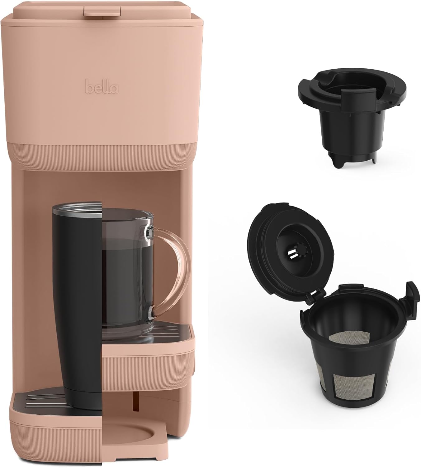 BELLA Single Serve Coffee Maker, K Cup & Coffee Ground Compatible with Removable, Adjustable Drip Tray, Auto Shutoff & Reusable Dishwasher Safe Accessories, Brews 6oz to 14oz, 1000 Watt, Blossom