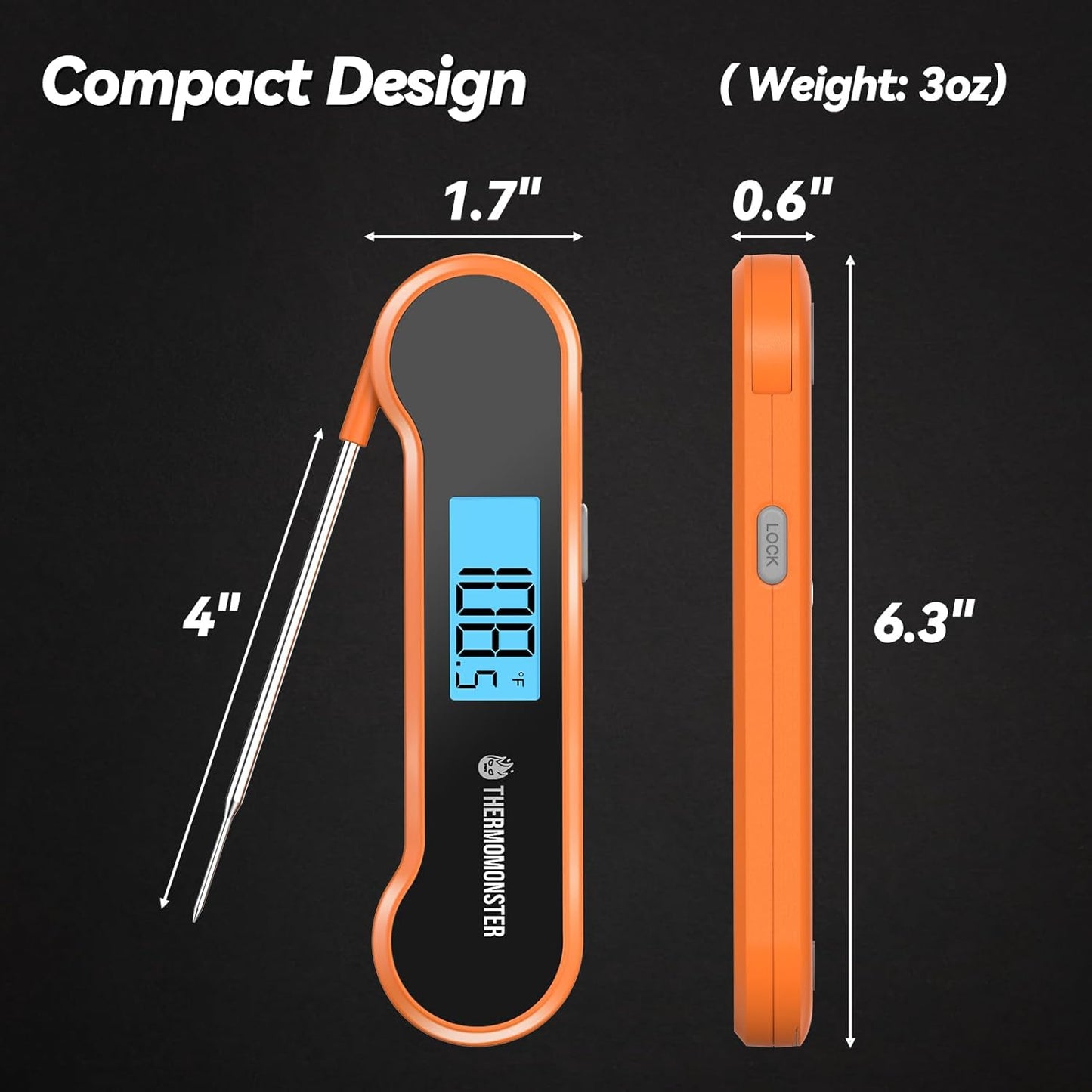0.5 Sec Instant Read Meat Thermometer Digital with ±0.5℉ Precision, 100% Waterproof Auto Flip Bright LCD Screen, Motion Sensing Food Thermometer for Cooking Kitchen Oven Grill Candy BBQ, Orange