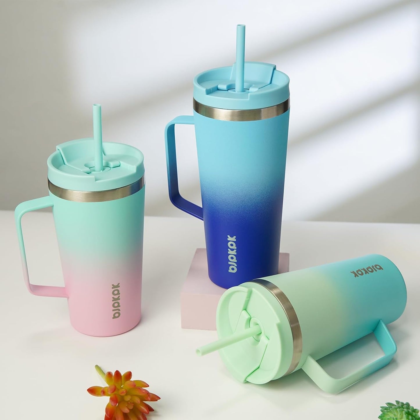 BJPKPK Insulated Tumbler with Handle, 22oz Insulated Tumblers with Lid and Straw, Stainless Steel Metal Water Bottles, Coffee Travel Mugs, Cups, Sky