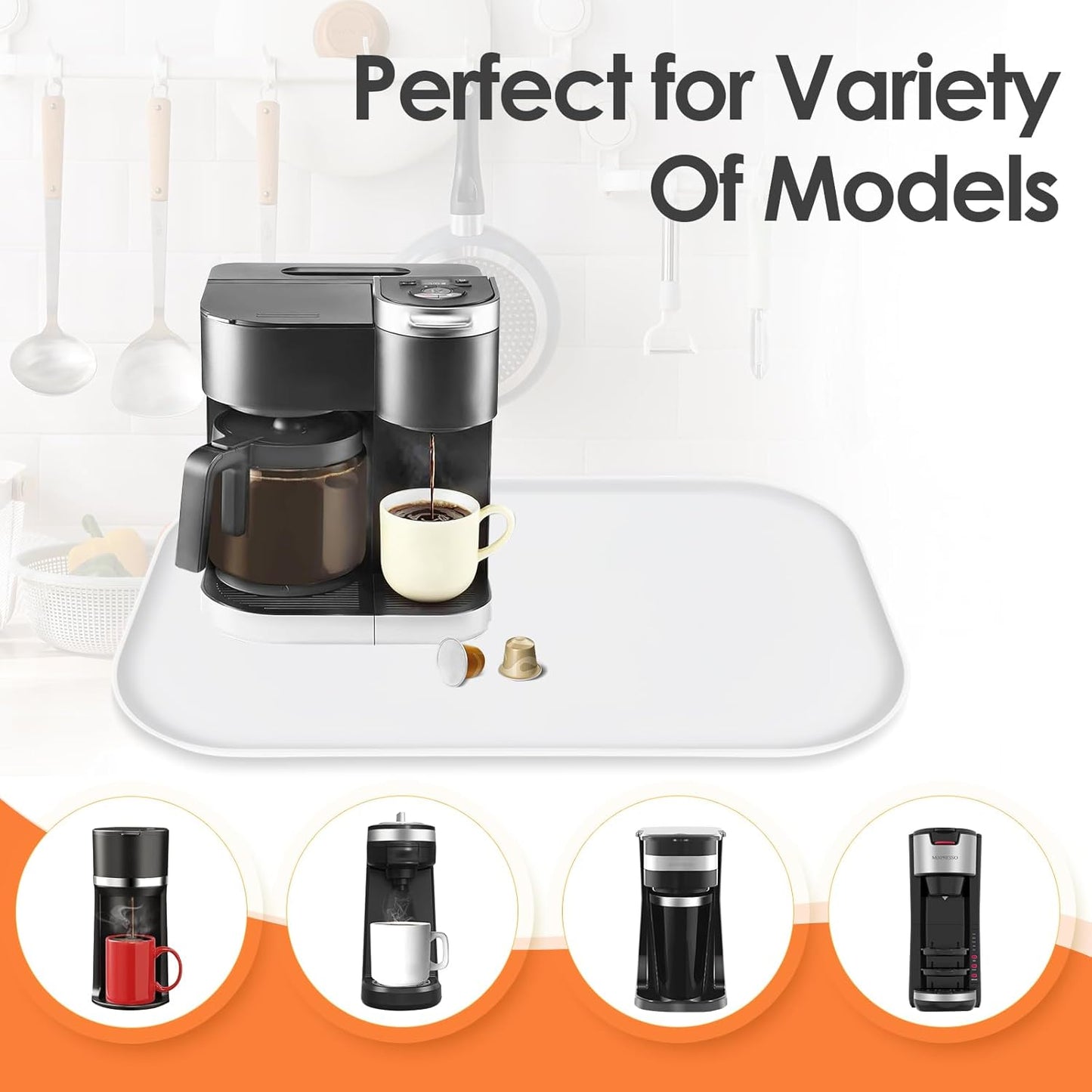 Silicone Coffee Maker Mat with Lip, 24'' x 16'' Heavy Duty Coffee Maker Mat for Countertops, Coffee Tray Fit Under Coffee Machine Appliance Automatic Machines Espresso Accessory, White