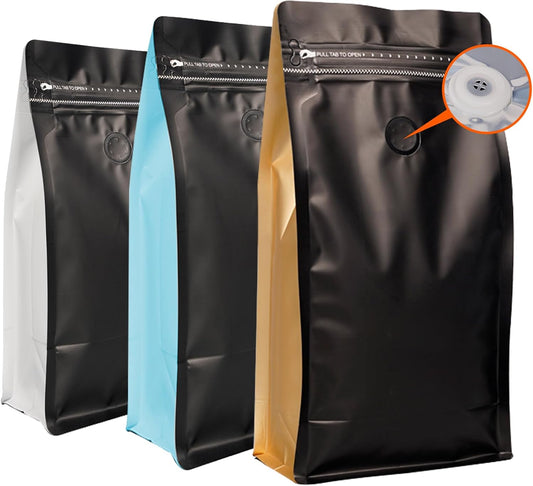 Coffee Bags with Valve (60 PCS,16oz/1lb) Black Side Color High Barrier Aluminum Foil Flat Bottom Standing Coffee Beans Storage Packaging Bags, Reusable Heat Seal Side Zipper Pouches for Small Busines