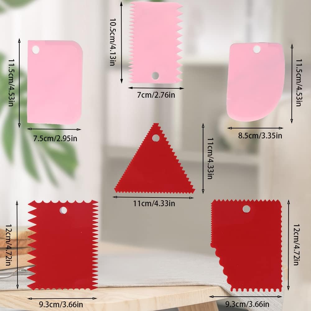 Cake Scraper Cake Decorating Comb,Cake Scraper Smoother,Flexible Plastic Dough Scraper For Bread Making,Reusable Pastry Pizza Dough Cutter Tool For Baking Cake Edge Stripe Decorating(6Pcs,Red,Pink)