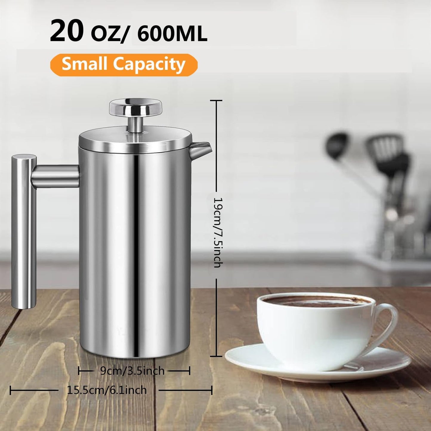 Small French Press Coffee Maker 600ml, Double-Wall Insulated French Press Coffee Press Stainless Steel for travel camping, Included 2 Extra Fliters and 1 Coffee Spoon (2-4cup, 20 OZ)