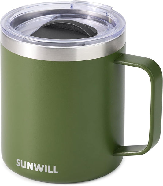 SUNWILL Travel Coffee Mug with Lid, Insulated Tumbler with Handle, 14 oz Stainless Steel Cup for Camping, Office, Home, Powder Coated Olive