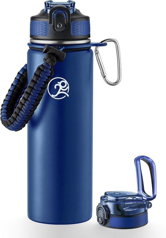 GOSWAG Insulated Sports Water Bottle, 24oz 2 Lids(with Straw/No Straw), Stainless Steel Water Bottles with Paracord Handle, Insulated Bottle with Double-Wall Vacuum Insulation