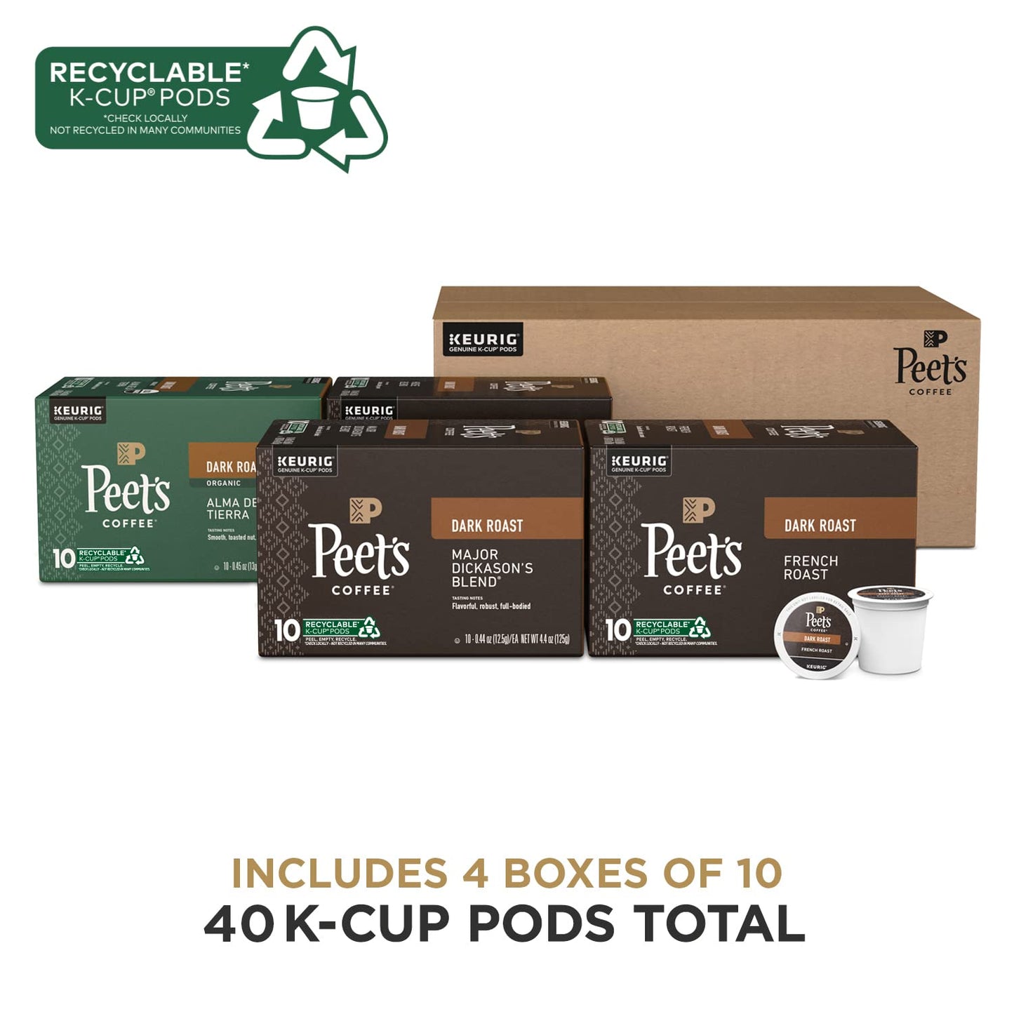 Peet's Coffee, Keurig K-Cup Pods Dark Roast Variety Pack - Major Dickason's Blend, French Roast, Organic Alma De La Tierra, House Blend, 40 Count (4 Boxes of 10 K-Cup Pods)