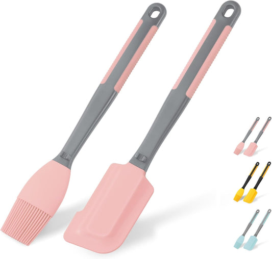 Extra Long Pastry Brush - Silicone Spatula - Basting Brush+Spatula Silicone Heat Resistant,for Baking Scraping Mixing BBQ Grill Kitchen Cooking Spread Oil Butter Sauce (Pink Brush+Spatula)