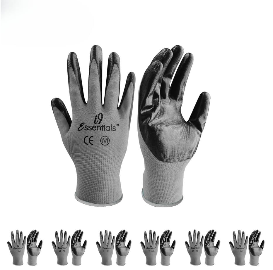 I9 Essentials 6 Pairs Nitrile Coated Work Gloves – Medium,Lightweight Grip Gloves for Men & Women – Gardening, Construction, Mechanic, Woodworking