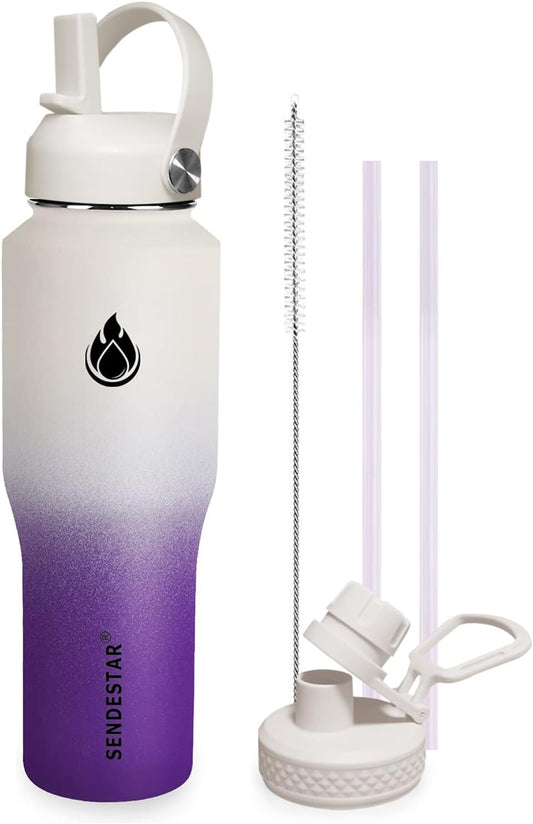 SENDESTAR 32oz Water Bottle Wide Mouth Stainless Steel Vacuum Insulated Double Wall with 2 Straw Lids Fit in Any Car Cup Holder TXIN-32-WV-1