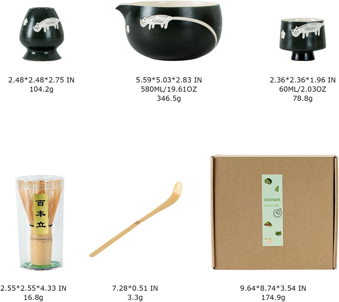 Unique Cat Matcha Tea Set, Matcha Bowl with Spout, 2 Cups, Bamboo Whisk, Chasen Holder & Scoop, 6 Pcs Matcha Set for Tea Ceremony & Unique Gift for Matcha Lover