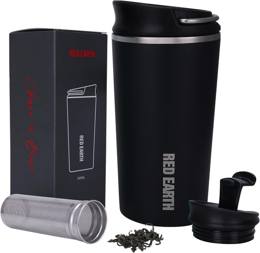 GiNT 17oz Travel Mug with Infuser and Two Lids. Vacuum Insulated 316 Stainless Steel Coffee Mug. Dishwasher Safe Mug with Tea Strainer for Hot and Cold Brew Coffee or Tea(Black)