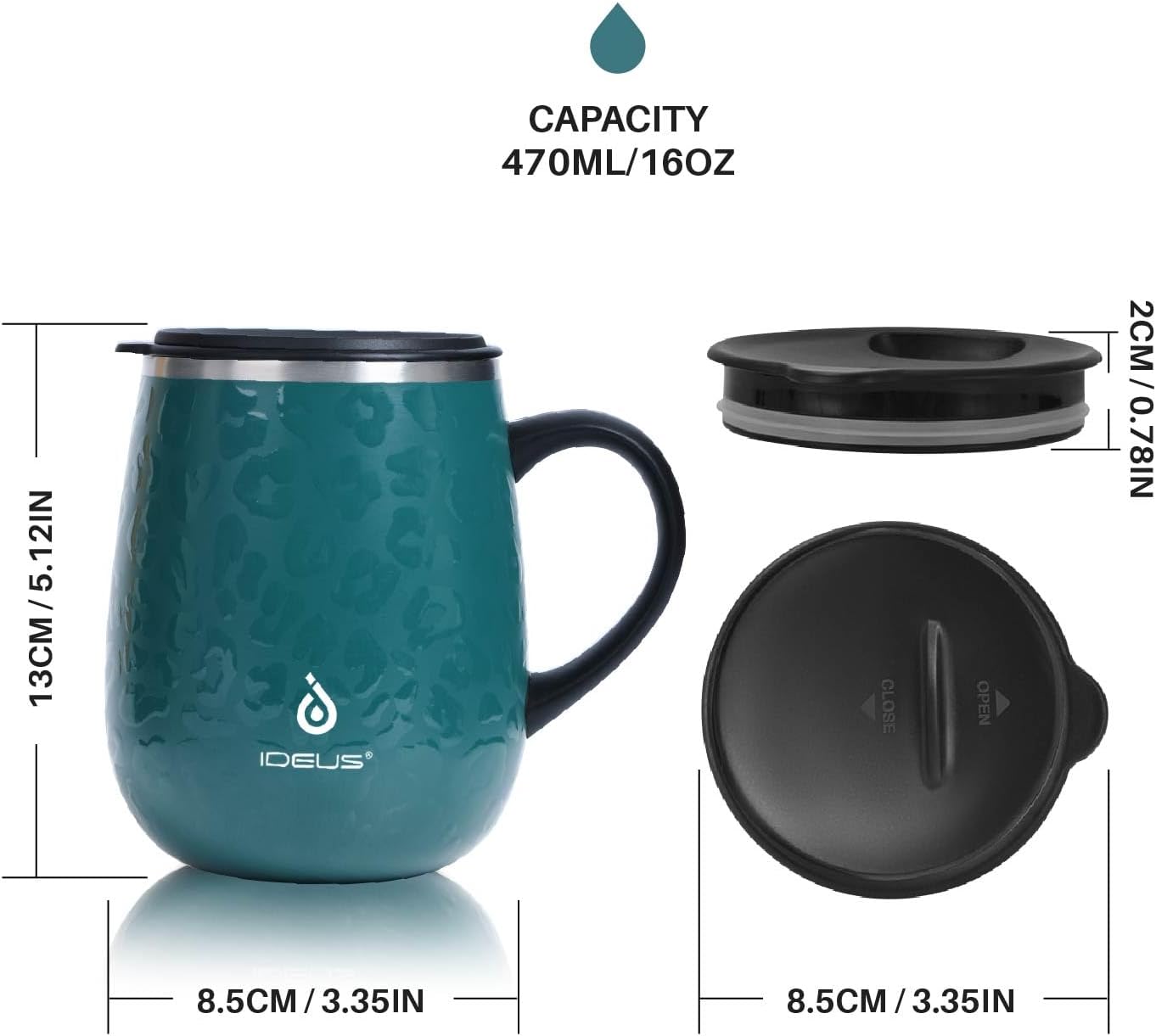 Ideus 16 oz (470 ml) Insulated Coffee Mug with Handle and Lid, Double Wall Stainless Steel Vacuum Thermal Coffee Mug, Travel Coffee Cup Thermal Cup for Home and Office, Leopard Green