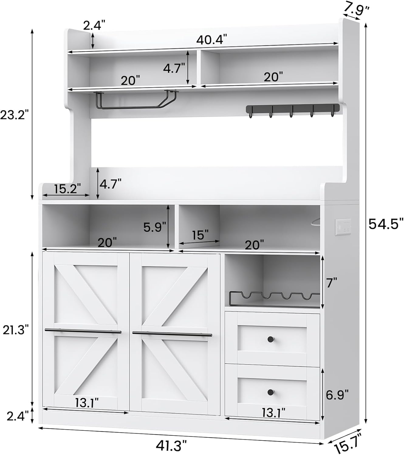 Hutch Storage Buffet Cabinet with Drawers, and Charging Station, Coffee Bar Cabinet with Barn Doors, Wine Rack and Hooks, White Wood Sideboard Buffet for Kitchen, Dining Room, 54.5" High