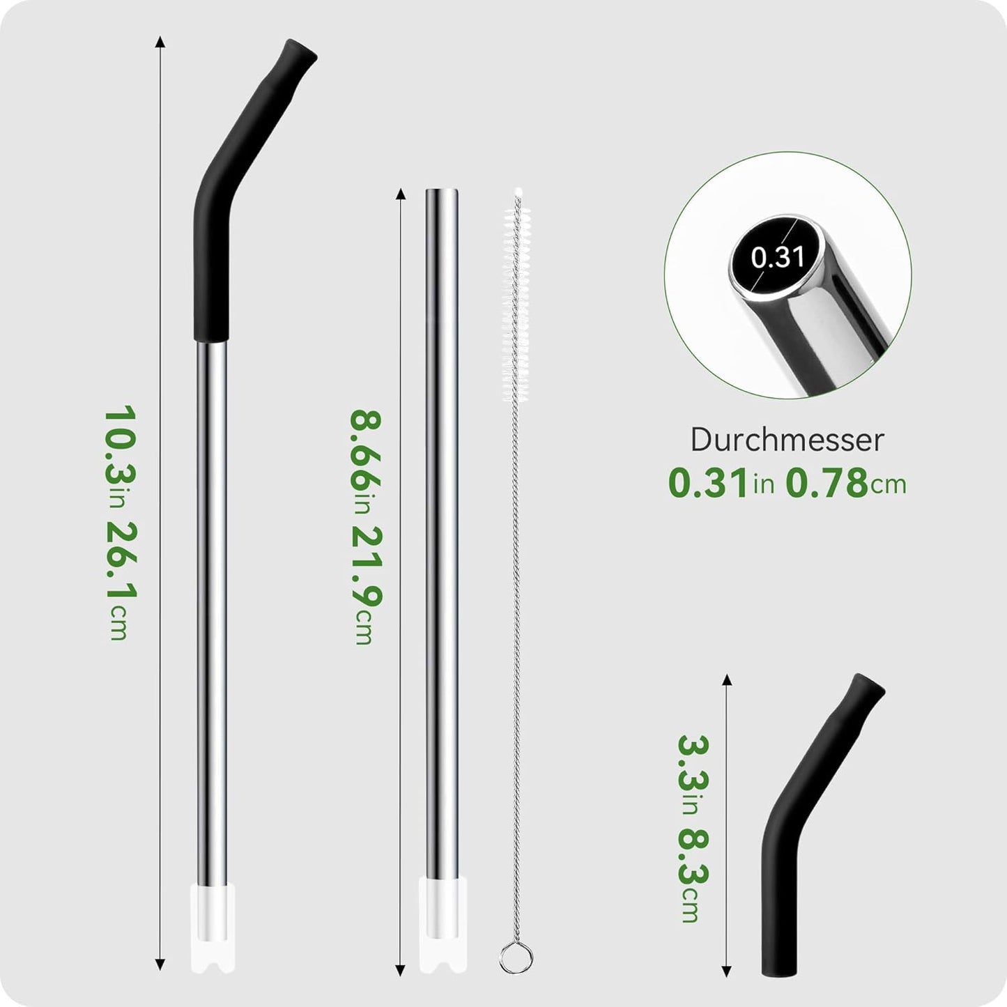 Snowfall 2 Pcs Replacement Metal Straws for Stanley 14 OZ, 20 OZ Tumbler, Stainless Steel Straws with Silicone Tip for 20 OZ Tumbler, Straw Brush (Apple Green)