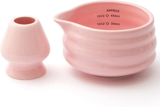 2pcs Matcha Bowl with Whisk Holder, Ceramic Pink Matcha Bowl with Spout, 16.5OZ Porcelain Bowl with Measurement Marks, Tea Mixing Bowl with Whisk Stand, Gfit for mom/daughter/girls (pink)
