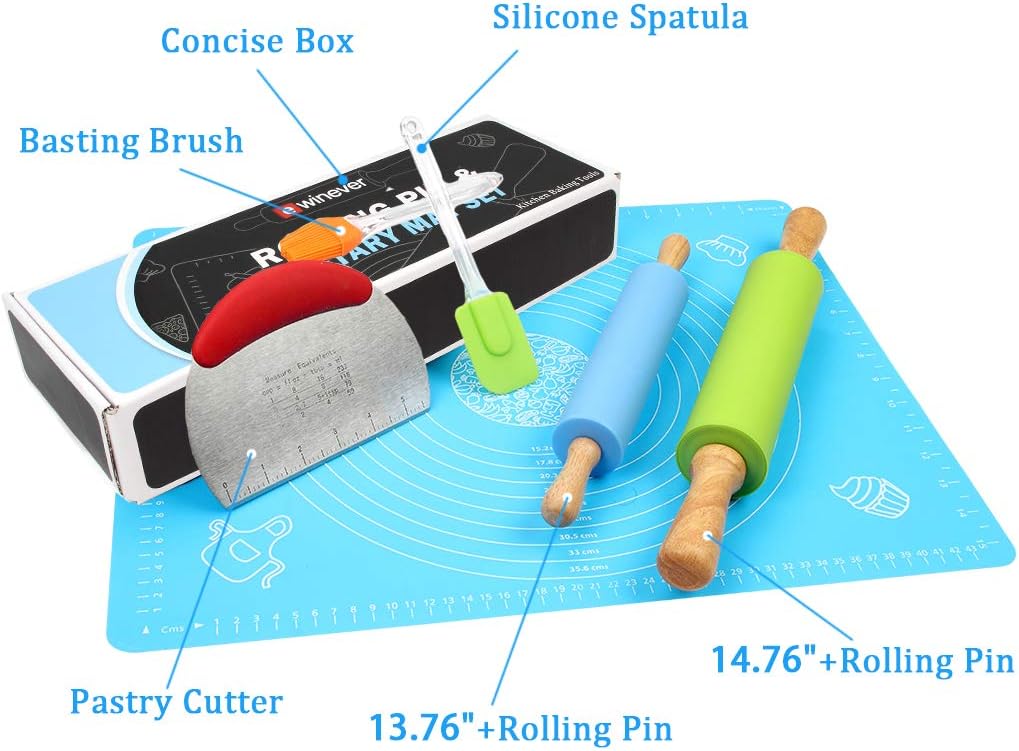 Ewinever 1Set Rolling Pin Pastry Mat Set Non-Stick 6 in 1 Dough Roller Baking Kit with Pastry Cutter Reusable Kneading Mat Scraper Basting Brush