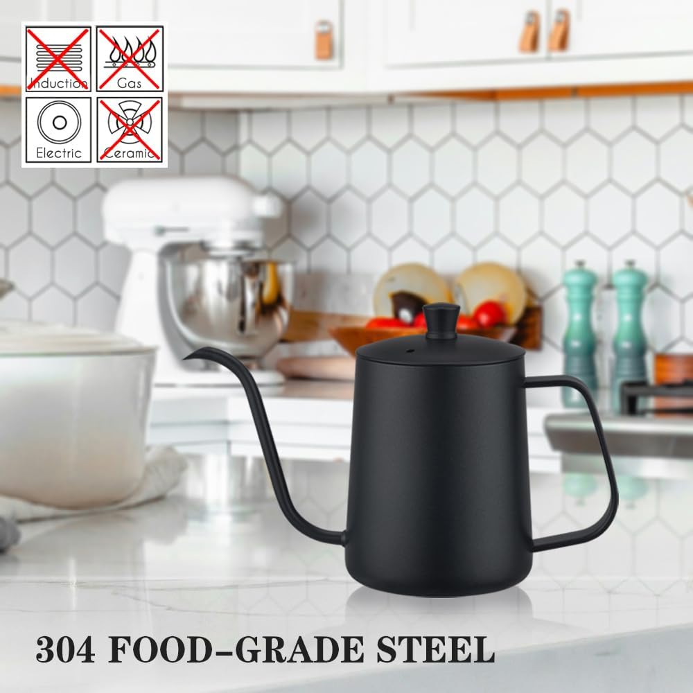 WELLLINK Pour Over Coffee Kettle 20oz 600ML, Leak Proof One-Piece 304 Stainless Steel Gooseneck Kettle with Lid, Food Grade Easy-Clean Narrow Spout & 40 Filters for Home Brewing