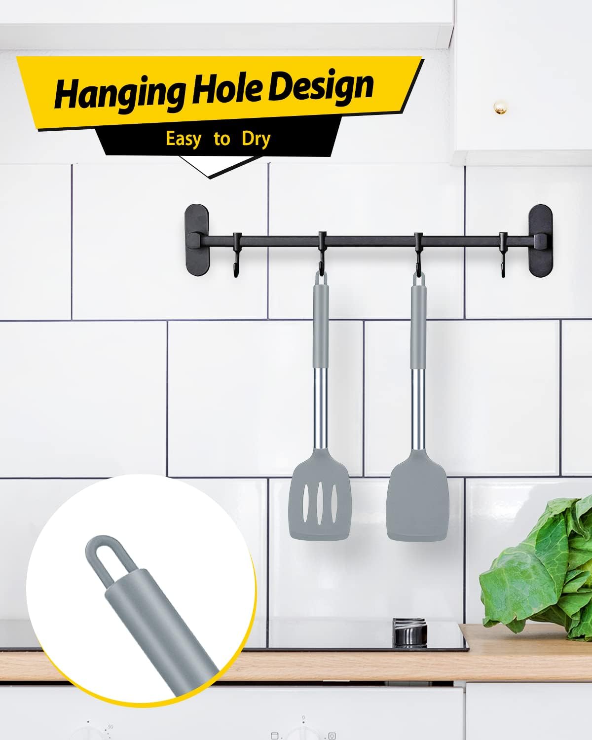 Pack of 2 Silicone Solid Turner, Non Stick Slotted Kitchen Spatulas, High Heat Resistant BPA Free Cooking Utensils, Ideal Cookware for Fish, Eggs, Pancakes(Gray)