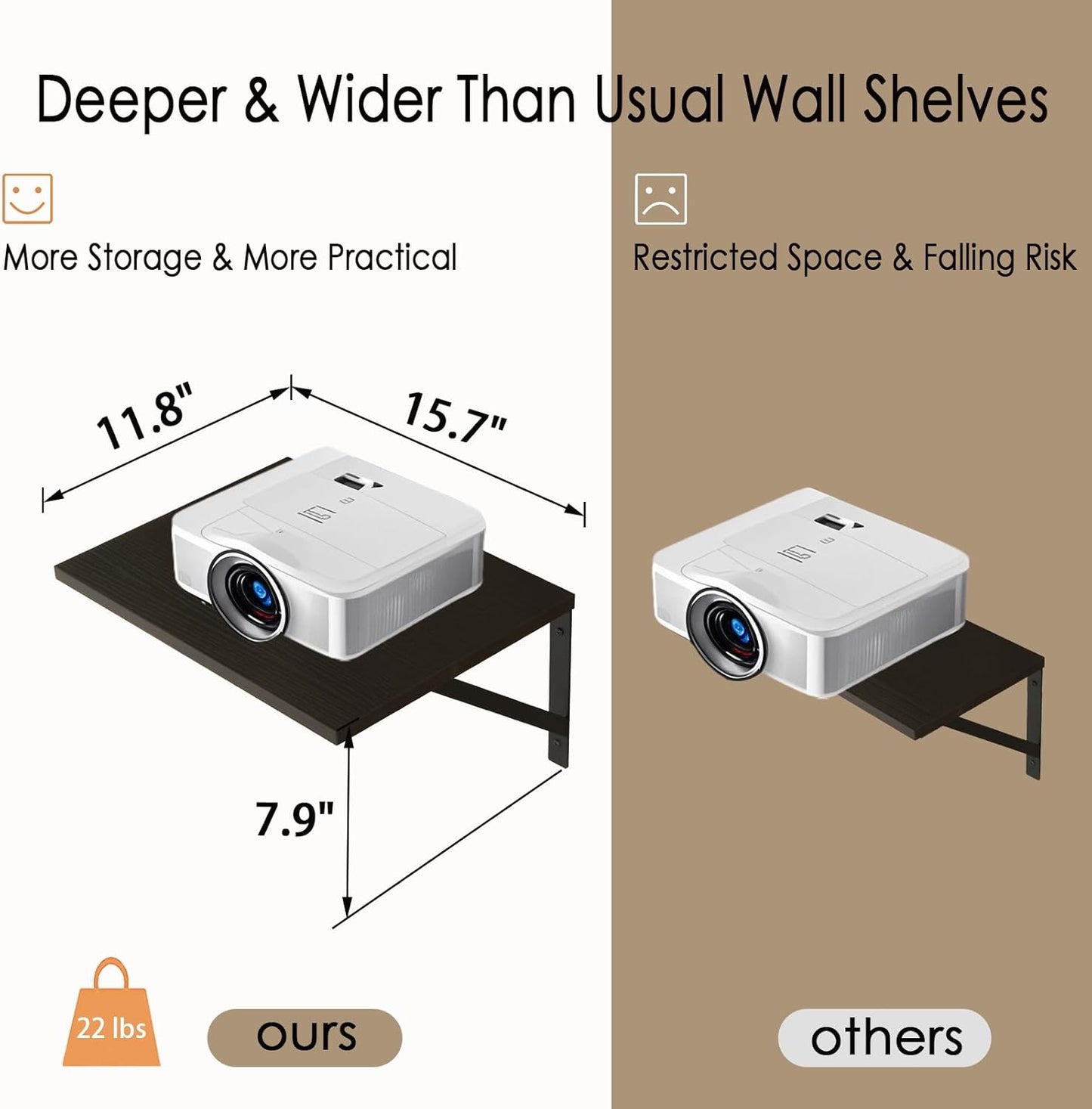 DINZI LVJ Deep Floating Shelves, 16" W x 12" D Wall Shelves Set of 2, Wide Display Shelf Mounted with Brackets, Easy-to-Install Wall Bookshelf for Living Room, Bathroom, Bedroom, Espresso