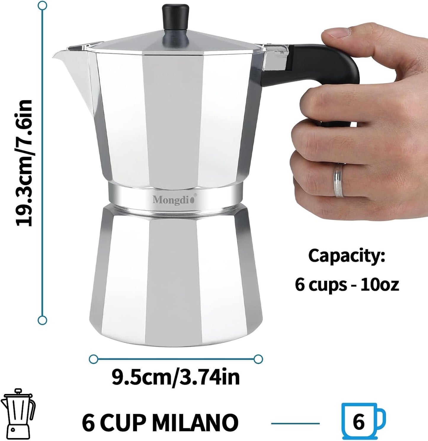 Mongdio Stovetop Espresso Maker Moka Pot, Stove Top Cuban Coffee Maker, Italian Greca Mocha Pot, 6 Espresso Cups, 10 oz - Silver