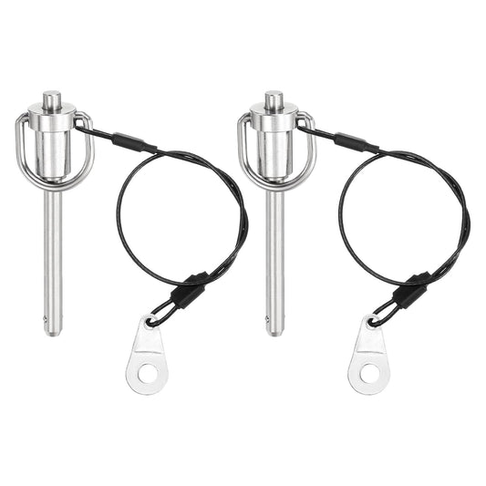 uxcell 2 Pcs Quick Release Pin, 1/4" x 2"(Dia. x L) Push-Button Ball Locking Pin 304 Stainless Steel Ring Handle Locking Pin with Wire for Audio Bimini Top Marine, Silver