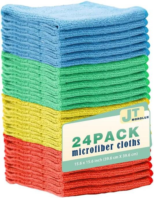 24 Pack 16'x16' Microfiber Household Cleaning Cloths - Multi-Purpose, Machine Washable, Absorbent Towels for Kitchen, Car, Home Appliances (16x16 24 Pack)