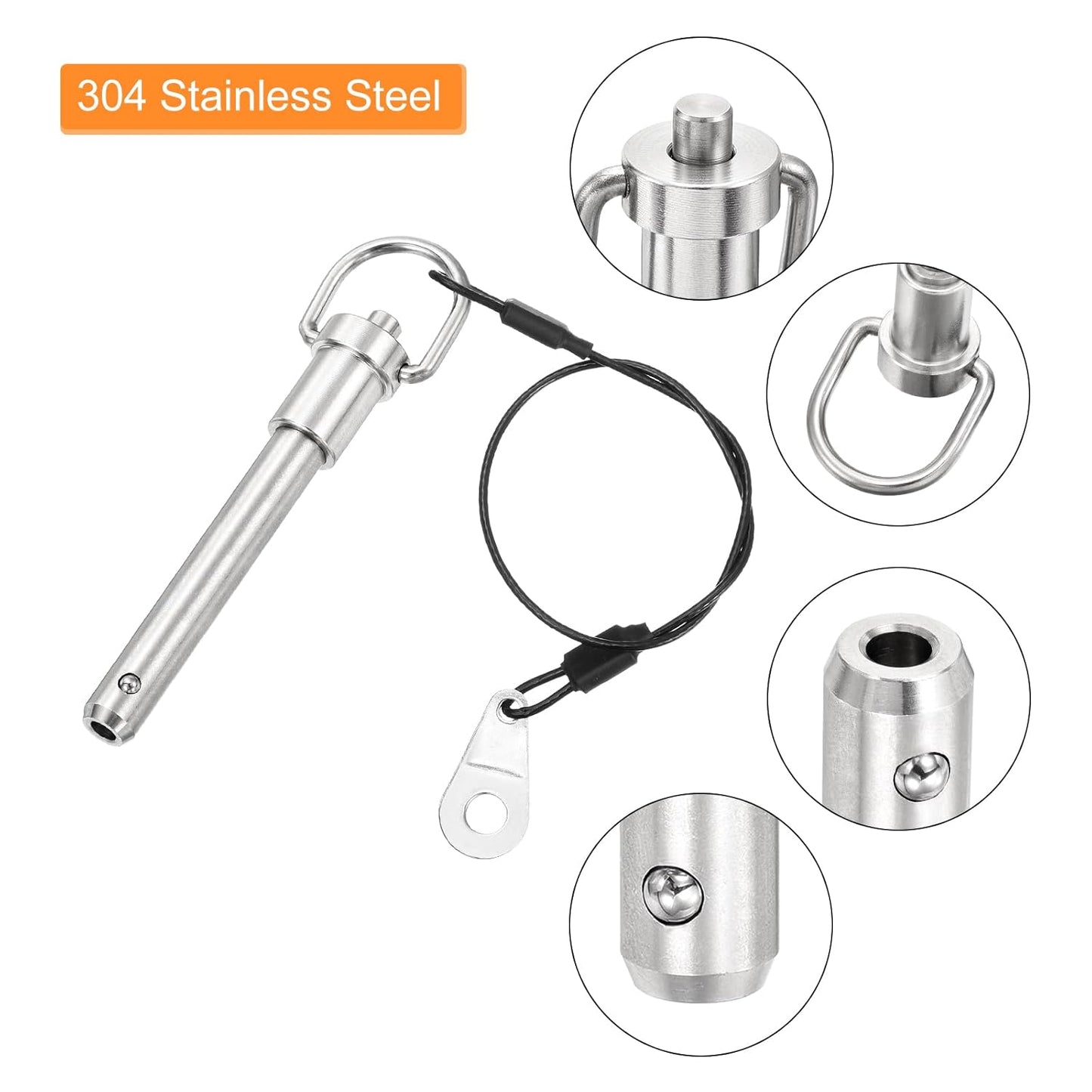 uxcell 1 Pcs Quick Release Pin, 3/8" x 2"(Dia. x L) Push-Button Ball Locking Pin 304 Stainless Steel Ring Handle Locking Pin with Wire for Audio Bimini Top Marine, Silver