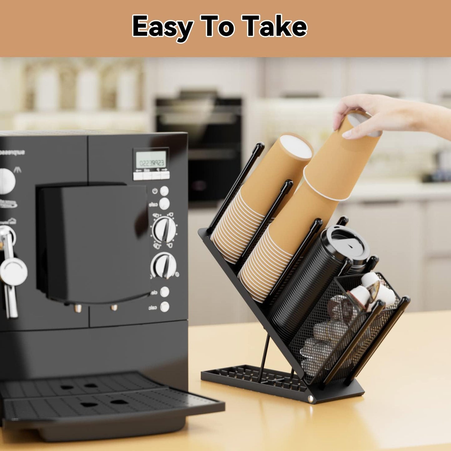 OVICAR Cup and Lid Holder - Adjustable Coffee Cup Holder Organizer 4 Compartment Disposable Cup Dispenser with Coffee Pod Straw Storage Basket for Coffee Station Bar Countertop Breakroom Metal Black