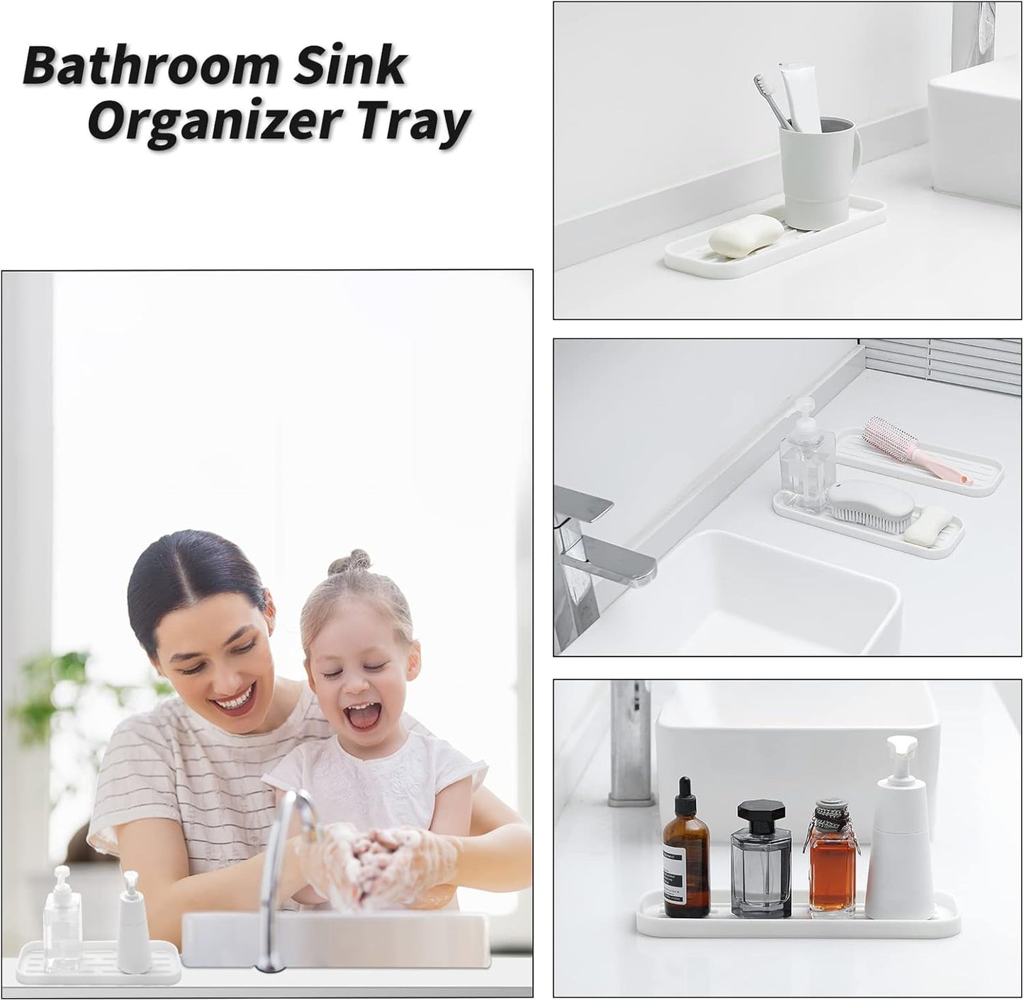 Silicone Kitchen Sink Organizer Tray for Multiple Usage,Eco-Friendly Sponges Holder for Kitchen Bathroom Counter or Sink,Dish Soap Dispenser,Scrubber,Bottle,Cup (White, 12"×4")